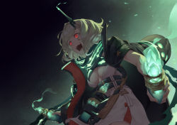 Rule 34 | 1girl, breasts, cleavage, coat, crazy smile, dress, glowing, glowing eyes, green hair, hair ornament, hairclip, happy, highres, holding, holding weapon, jacket, kidy (kidy siow), little match girl (sinoalice), open mouth, red eyes, sharp teeth, short hair, sinoalice, smile, teeth, weapon, white dress