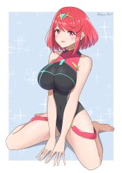 Rule 34 | 1girl, :d, absurdres, bare shoulders, barefoot, black one-piece swimsuit, breasts, chest jewel, commentary request, competition swimsuit, covered navel, earrings, full body, gem, headpiece, highres, jewelry, large breasts, looking at viewer, one-piece swimsuit, open mouth, pyra (pro swimmer) (xenoblade), pyra (xenoblade), red eyes, red hair, red one-piece swimsuit, ryochan96154, short hair, sitting, smile, solo, swept bangs, swimsuit, tiara, two-tone swimsuit, wariza, xenoblade chronicles (series), xenoblade chronicles 2