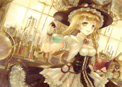Rule 34 | 1girl, bad id, bad pixiv id, bird, blonde hair, book, braid, breasts, brooch, capelet, cleavage, cleavage cutout, clock, clothing cutout, corset, dress, dutch angle, erlenmeyer flask, fingerless gloves, flask, frilled dress, frills, gears, globe, gloves, goggles, goggles on headwear, hat, holding, holding book, indoors, jewelry, keiko (mitakarawa), kirisame marisa, laboratory, long hair, looking at viewer, magic, medium breasts, open book, owl, pocket watch, puffy short sleeves, puffy sleeves, round-bottom flask, short sleeves, smile, solo, standing, steampunk, touhou, vial, watch, window, witch hat, yellow eyes, yellow theme