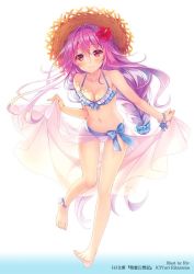 Rule 34 | 1girl, aishia, barefoot, bikini, blue bikini, blush, breasts, cleavage, closed mouth, collarbone, feet, frilled bikini, frills, full body, hair between eyes, halterneck, hat, long hair, looking at viewer, navel, official art, pink hair, red eyes, riv (rivleaf), sarong, seirei gensouki, small breasts, smile, solo, standing, stomach, straw hat, swimsuit, toes