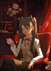 Rule 34 | 1girl, black bow, black pantyhose, bow, brown hair, brown skirt, closed mouth, collared shirt, crossed legs, cup, fate/stay night, fate (series), green eyes, grey vest, hair between eyes, hair bow, highres, hitotaba, holding, holding cup, homurahara academy school uniform, indoors, long hair, miniskirt, neck ribbon, pantyhose, red ribbon, ribbon, school uniform, shirt, sitting, skirt, solo, teacup, tohsaka rin, twintails, very long hair, vest, white shirt, wing collar