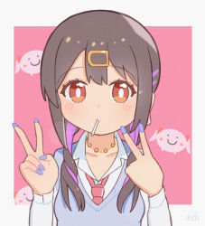 Rule 34 | 1girl, black hair, blue nails, blue vest, brown eyes, c:, candy, collarbone, commentary, food, food in mouth, gyaru, hair between eyes, hair ornament, hair over shoulder, hairclip, highres, inward v, jewelry, light blush, lollipop, long sleeves, looking at viewer, low twintails, multicolored hair, nail polish, necklace, necktie, official alternate costume, omochi tabeyo97, onii-chan wa oshimai!, oyama mihari, pink background, purple hair, red necktie, shirt, simple background, smile, solo, twintails, two-tone hair, upper body, v, vest, white shirt