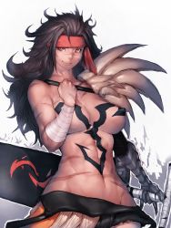 Rule 34 | 00s, 1girl, abs, black hair, breasts, brown eyes, cleavage, covered erect nipples, female focus, final fantasy, final fantasy x, fumio (rsqkr), gender request, genderswap, headband, jecht, large breasts, long hair, looking at viewer, muscular, muscular female, navel, scar, scrunchie, smile, solo, sword, tattoo, toned, topless, weapon