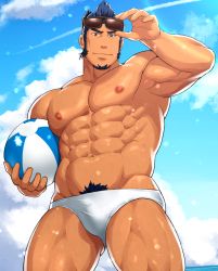 Rule 34 | 1boy, abs, ball, bara, beachball, black hair, blue hair, bulge, closed mouth, commentary request, cowboy shot, from below, highres, holding, holding ball, ixion saga, ixion saga dt, large pectorals, looking at viewer, looking down, male focus, male pubic hair, male swimwear, mature male, muscular, muscular male, navel, nipples, original, pectorals, pubic hair, pubic hair peek, sakuramarusan, smile, solo, stomach, swim briefs, swimsuit, topless male, white male swimwear, white swim briefs
