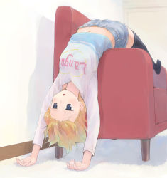 1girl arched_back black_thighhighs blonde_hair blue_eyes blush clothes_writing couch denim denim_shorts female_focus full_body heart ikeda_jun_(mizutamari) indoors jitome long_sleeves lying midriff navel on_back original shirt short_hair shorts solo thighhighs triangle_mouth truth upside-down