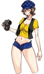 Rule 34 | 1girl, beret, blue hat, breasts, brown eyes, brown hair, camera, choker, cleavage, cuticle tantei inaba, cutie honey, hat, highres, itachou, large breasts, looking at viewer, midriff, navel, one eye closed, shirt, short hair, short shorts, short sleeves, shorts, simple background, solo, vest, white background