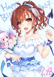 Rule 34 | 1girl, :d, alternate hairstyle, blue background, bouquet, breasts, character doll, chiyoda momo, curled horns, dated, demon girl, demon horns, demon tail, dress, fang, flower, hand up, happy birthday, highres, holding, holding bouquet, horns, jewelry, looking at viewer, machikado mazoku, medium breasts, narumiya (empty cafe), necklace, open mouth, orange eyes, pink flower, pink rose, ponytail, red hair, revision, rose, short hair, skin fang, smile, solo, tail, white dress, yellow flower, yellow rose, yoshida yuuko (machikado mazoku)