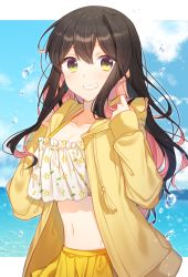 Rule 34 | 1girl, black hair, blue sky, breasts, cleavage, cloud, cloudy sky, collarbone, commentary request, crop top, day, drawstring, floral print, grin, hands up, hiiragi souren, hood, hood down, jacket, kantai collection, long hair, long sleeves, looking at viewer, medium breasts, midriff, miniskirt, multicolored hair, naganami (kancolle), navel, ocean, open clothes, open jacket, outdoors, pink hair, sidelocks, skirt, sky, smile, solo, two-tone hair, upper body, water, wavy hair, yellow eyes, yellow jacket, yellow skirt