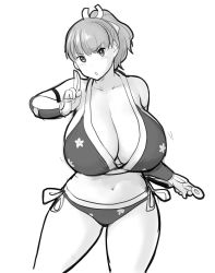 Rule 34 | 1girl, arm guards, bikini, bouncing breasts, breasts, cleavage, cosplay, cosplay request, erkaz, floral print, greyscale, highres, holding, holding weapon, huge breasts, kunai, looking at viewer, monochrome, original, ponytail, rina atherina, short hair, side-tie bikini bottom, standing, swimsuit, weapon, white background