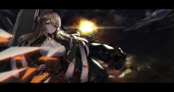 Rule 34 | 1girl, absurdres, aircraft, airplane, belt, black belt, black coat, blue eyes, book, braid, breasts, cannon, coat, coat on shoulders, cowboy shot, dress, french braid, highres, holding, holding book, huge filesize, impero (warship girls r), large breasts, letterboxed, light brown hair, long hair, long sleeves, machinery, outdoors, red dress, solo, standing, turret, uybh, warship girls r