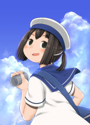 Rule 34 | 1girl, bad id, bad pixiv id, bag, black eyes, black hair, blue sailor collar, blue sky, cloud, daitou (kancolle), day, depth charge, dress, from behind, harukaze unipo, hat, kantai collection, open mouth, outdoors, sailor collar, sailor dress, sailor hat, short hair, short sleeves, sky, smile, solo, strap, upper body, white hat