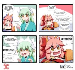 3girls, animal ear fluff, animal ears, aqua hair, aqua kimono, bare shoulders, bell, blue kimono, blue ribbon, breasts, cat paws, cleavage, collar, detached sleeves, dragon girl, dragon horns, dual persona, english text, eyebrows visible through hair, fangs, fate/grand order, fate (series), fox ears, fox girl, fox tail, gloves, hair ribbon, highres, horns, japanese clothes, jingle bell, keita naruzawa, kimono, kiyohime (fate), large breasts, looking at another, looking to the side, lying, minigirl, multiple girls, multiple horns, neck bell, obi, on stomach, open mouth, paw gloves, paw shoes, paws, pink hair, pointing, red kimono, red ribbon, ribbon, sash, shoes, speech bubble, sweat, tail, tamamo (fate) (all), tamamo cat (fate), tamamo no mae (fate), yellow eyes