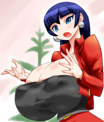 Rule 34 | 1girl, belt, black shirt, blue eyes, blue hair, breast expansion, breasts, cleavage, covered erect nipples, earrings, enjouji reiko, female focus, gigantic breasts, highres, histamine c, huge breasts, jacket, jewelry, matching hair/eyes, necklace, puffy nipples, red jacket, red skirt, scanty time, shirt, skirt, solo