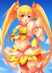 Rule 34 | 10s, 1girl, absurdres, blonde hair, blue background, blush, bow, brooch, clenched hands, cure sunshine, heart, heart brooch, heartcatch precure!, highres, jewelry, long hair, magical girl, midriff, myoudouin itsuki, navel, open mouth, orange bow, orange theme, precure, sakusaku (sakusakucrab), skirt, solo, twintails, very long hair, yellow bow, yellow eyes, yellow skirt