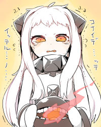 Rule 34 | 10s, 1girl, abyssal ship, blush, colored skin, gradient background, highres, horns, kantai collection, long hair, looking at viewer, mittens, northern ocean princess, pale skin, parted lips, red eyes, sakutoko, solo, tan background, tears, translation request, trembling, upper body, white hair, white skin