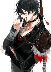 Rule 34 | 1boy, armor, bandaged arm, bandages, black choker, black coat, black hair, black nails, blood, blood on chest, blood on face, blood on hands, buckle, choker, coat, collared coat, ear piercing, earrings, elbow on arm, fingernails, highres, jewelry, leather strap, licking, licking blood, licking finger, looking at viewer, male focus, nail polish, original, pendant, pendant choker, piercing, pointy ears, polearm, polearm behind back, red eyes, scar, scar on arm, scar on chest, scar on face, scar on neck, sharp fingernails, short hair, shoulder armor, shoulder pads, shoulder spikes, slit pupils, solo, spikes, stitches, strap, weapon, white background, zang shih