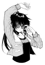 Rule 34 | 1girl, absurdres, arm up, closed mouth, commentary, deep (deep4946), greyscale, highres, jacket, long hair, long sleeves, looking at viewer, monochrome, original, ponytail, shirt, simple background, solo, sunglasses, symbol-shaped pupils, triangle-shaped pupils, upper body, white background