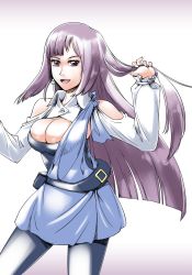 Rule 34 | 1girl, breasts, cleavage, earrings, gundam, gundam zz, jewelry, large breasts, long hair, looking at viewer, open mouth, pantyhose, purple hair, roux louka, simple background, skirt, smile, solo, takuteks