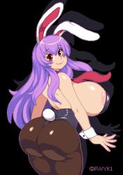 Rule 34 | 1girl, animal ears, areola slip, ass, back, black background, breasts, cowboy shot, from behind, huge breasts, leotard, long hair, looking at viewer, looking back, necktie, pixel art, playboy bunny, purple hair, rabbit ears, rabbit tail, red eyes, red necktie, reisen udongein inaba, rivyk, sideboob, smile, solo, tail, touhou, wrist cuffs