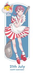 Rule 34 | 1girl, apple rabbit, apron, blue background, braid, braided ponytail, cherry, closed mouth, commentary, cup, dated, dress, english commentary, food, food art, frilled apron, frills, fruit, full body, hand up, happy birthday, highres, ksnnw k, leaning forward, long hair, looking at viewer, maid apron, oversized object, platform footwear, pudding, puffy short sleeves, puffy sleeves, purple eyes, purple hair, red dress, red footwear, shoes, short sleeves, single braid, smile, socks, solo, spoon, standing, striped clothes, striped dress, teruya fumika, vertical stripes, waitress, white apron, white socks, world trigger