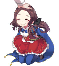Rule 34 | 1girl, ^ ^, aged down, black bow, blue neckwear, blue pantyhose, bow, bowtie, brown footwear, brown hair, brown jacket, child, closed eyes, closed mouth, fate/grand order, fate (series), fingernails, hair bow, headpat, highres, jacket, jehyun, leonardo da vinci (fate), leonardo da vinci (fate/grand order), leonardo da vinci (rider) (fate), long hair, long sleeves, pantyhose, puffy short sleeves, puffy sleeves, red skirt, shirt, shoes, short sleeves, sidelocks, simple background, skirt, smile, solo focus, white background, white shirt