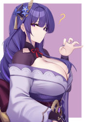 Rule 34 | 1girl, ?, absurdres, border, breasts, cleavage, commentary, genshin impact, hair ornament, hand up, highres, japanese clothes, kanta (kanta 077), kimono, large breasts, long hair, looking at viewer, mole, mole under eye, nail polish, obi, off shoulder, outside border, purple background, purple eyes, purple hair, purple kimono, purple nails, raiden shogun, sash, simple background, solo, upper body, very long hair, white border