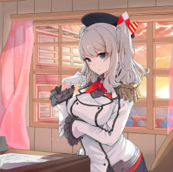 Rule 34 | 1girl, beret, black hat, black skirt, blue eyes, breasts, buttons, desk, epaulettes, gloves, grey eyes, hat, highres, jacket, kantai collection, kashima (kancolle), large breasts, long sleeves, military jacket, neckerchief, red neckerchief, sidelocks, silver hair, skirt, solo, sunset, tsurime, twintails, wavy hair, white gloves, white jacket, zuoteng lucha