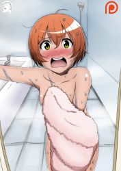Rule 34 | 10s, 1girl, bath, bathroom, blush, coldtrojan, covering privates, embarrassed, highres, hoshizora rin, looking at viewer, love live!, love live! school idol project, nude, nude cover, open mouth, orange hair, patreon, screaming, short hair, solo, standing, towel, wavy mouth, wet, yellow eyes