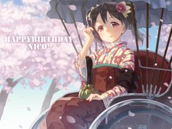 Rule 34 | 10s, 1girl, black hair, character name, cherry blossoms, flower, hair flower, hair ornament, hair ribbon, happy birthday, japanese clothes, looking at viewer, love live!, love live! school idol project, petals, red eyes, ribbon, rickshaw, sitting, smile, solo, tomiwo, twintails, wide sleeves, yazawa nico