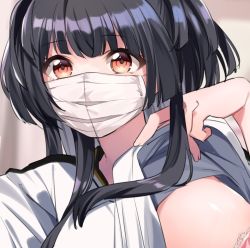 Rule 34 | 1girl, beeftanizoko, black hair, blunt bangs, blunt ends, blurry, blurry background, bra, breasts, clothes lift, covered mouth, idolmaster, idolmaster shiny colors, lace, lace-trimmed bra, lace trim, large breasts, lifted by self, looking at viewer, mayuzumi fuyuko, pink bra, shirt, shirt lift, solo, underwear, upper body, white mask, white shirt