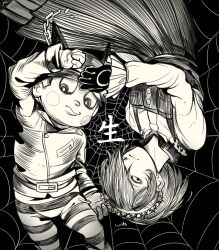 Rule 34 | 1boy, 1girl, beanie, belt, belt buckle, black background, blush stickers, broken, buckle, buttons, clenched hand, closed mouth, collared jacket, collared shirt, commentary, cuffs, danganronpa (series), danganronpa v3: killing harmony, dress, english commentary, expressionless, fake horns, feet out of frame, frilled dress, frilled shirt collar, frilled sleeves, frills, gloves, greyscale, hair over one eye, hairband, hat, horned headwear, horns, hoshi ryoma, jacket, lace-trimmed hairband, lace trim, leather, leather jacket, loiodg, long sleeves, looking at viewer, lying, monochrome, necktie, o-ring, on back, pants, pocket, shackles, shirt, short hair, silk, simple background, sleeveless, sleeveless dress, sleeves past wrists, spider web, spoilers, striped clothes, striped pants, tojo kirumi, upside-down, wavy mouth, zipper, zipper pull tab