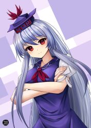 Rule 34 | 1girl, absurdres, blue background, blue hair, blue headwear, closed mouth, commentary, crossed arms, highres, kamishirasawa keine, long hair, looking at viewer, red eyes, short sleeves, sidelocks, smile, solo, tofuandsoup, touhou, upper body