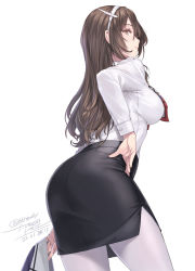 Rule 34 | 1girl, artist name, ashigara (kancolle), black skirt, breasts, brown eyes, brown hair, closed mouth, cowboy shot, dated, hair between eyes, highres, holding, holding clothes, kantai collection, large breasts, long hair, long sleeves, pantyhose, pencil skirt, rokuwata tomoe, shirt, simple background, skirt, solo, twitter username, white background, white pantyhose, white shirt