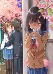Rule 34 | 1boy, 2girls, black hair, black legwear, blue eyes, blue skirt, blurry, blush, brown hair, cardigan, cherry blossoms, clenched teeth, collarbone, couple, crying, depth of field, closed eyes, fence, gurande (g-size), hands on own chest, hands up, hetero, hiding, highres, imminent kiss, kiss, leaning forward, letter, long hair, love letter, multiple girls, neckerchief, original, own hands together, pantyhose, petals, pleated skirt, ponytail, runny nose, school, school uniform, serafuku, short hair, skirt, snot, sobbing, tears, teeth