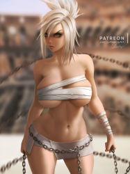 Rule 34 | 1girl, bandaged arm, bandages, bare shoulders, blonde hair, blurry, blurry background, breasts, brown eyes, chain, closed mouth, hair between eyes, holding, holding chain, large breasts, league of legends, lolliedrop, looking at viewer, microskirt, navel, pinup (style), riven (league of legends), sarashi, skirt, standing, stomach, thighs