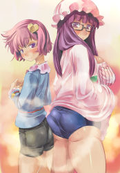 Rule 34 | 2girls, ass, black-framed eyewear, breasts, female focus, flat ass, glasses, hair ornament, hat, heart, heart hair ornament, komeiji satori, large breasts, long hair, multiple girls, patchouli knowledge, plump, purple eyes, purple hair, short hair, size difference, skinny, thighs, touhou, yohane