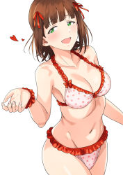 Rule 34 | 1girl, amami haruka, bare shoulders, bikini, blunt bangs, breasts, brown hair, cleavage, collarbone, commentary request, frilled bikini, frills, front-tie top, green eyes, groin, highres, idolmaster, idolmaster (classic), looking to the side, medium breasts, navel, open mouth, pink bikini, polka dot, polka dot bikini, solo, standing, stomach, swimsuit, tsurui, white background