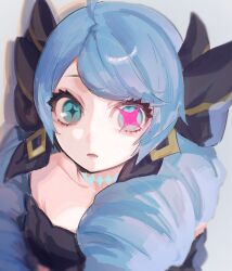 Rule 34 | + +, 1girl, :o, ahoge, black dress, blue hair, collarbone, commentary, dress, drill hair, glowing pupils, gwen (league of legends), highres, league of legends, looking at viewer, mismatched pupils, nakiyande, solo, symbol-only commentary, twintails, upper body