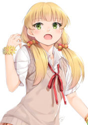 Rule 34 | 1girl, blonde hair, blush, bracelet, collared shirt, commentary request, fangs, green eyes, hair bobbles, hair ornament, idolmaster, idolmaster cinderella girls, jewelry, jougasaki rika, long hair, looking at viewer, low twintails, miri (ago550421), open mouth, red ribbon, ribbon, school uniform, shirt, signature, simple background, solo, sweater vest, twintails, white background, white shirt