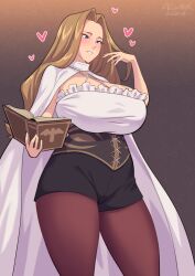 Rule 34 | 1girl, artist name, black eyes, black shorts, blush, book, breasts, brown background, brown hair, brown pantyhose, cape, cleavage, commentary, dated, gradient background, hand up, heart, holding, holding book, huge breasts, light brown hair, long hair, looking to the side, methode (sousou no frieren), open book, pantyhose, pantyhose under shorts, shirt, shorts, simple background, sleeveless, sleeveless shirt, smile, solo, sousou no frieren, standing, white cape, zheng