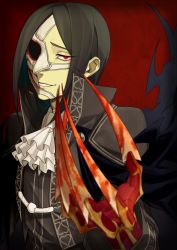 Rule 34 | 1boy, ascot, blood, bloody weapon, claws, collared jacket, european clothes, fate/grand order, fate (series), green hair, half mask, high collar, jacket, long sleeves, looking at viewer, male focus, mask, ne dzumi, parted bangs, phantom of the opera (fate), red eyes, solo, upper body, weapon, white ascot