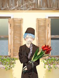 Rule 34 | 1boy, :d, belt, black hat, blue eyes, blue hair, blush, bouquet, character name, collar, collared shirt, commentary, covering own mouth, cowboy shot, dated, dutch clothes, english text, european clothes, eyebrows, fingernails, flower, hair between eyes, hana (dqkmb362), hand over own mouth, hand to own mouth, happy, happy birthday, hat, holding, holding bouquet, house, kuroko no basuke, kuroko tetsuya, lace, leaf, long fingers, long sleeves, male focus, open mouth, open window, outdoors, plant, ribbon, romaji text, rooftop, shadow, shirt, smile, solo, striped clothes, striped ribbon, striped shirt, traditional clothes, tulip, vertical-striped clothes, vertical-striped shirt, wall, window, window box, wisteria