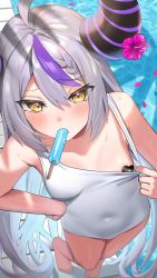 Rule 34 | 1girl, ahoge, blush, breasts, clothing aside, commentary request, covered navel, food, from above, grey hair, hand on own hip, hatsuno xxx, highres, hololive, horn flower, huge horns, la+ darknesss, long hair, looking at viewer, multicolored hair, one-piece swimsuit, pasties, poolside, popsicle, purple hair, small breasts, solo, streaked hair, swimsuit, swimsuit aside, virtual youtuber, white one-piece swimsuit, yellow eyes