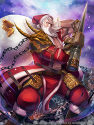 Rule 34 | 1boy, armor, beard, chain, copyright request, eyepatch, facial hair, fantasy, gauntlets, gloves, gold bar, gradient background, hat, highres, leg armor, male focus, mikeyama mike, muscular, official art, old, old man, one eye covered, sack, santa claus, santa hat, shoulder armor, snow, solo, spiked gloves, spikes, white hair
