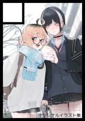 Rule 34 | + +, 2girls, ahoge, black choker, black hair, black jacket, blonde hair, blue eyes, blue nails, blue scarf, blush, can, choker, closed mouth, collared shirt, cowboy shot, cross, cross earrings, ear piercing, earrings, food, glasses, holding, holding another&#039;s arm, holding can, holding food, jacket, jewelry, long sleeves, looking at another, miniskirt, mole, mole under eye, multicolored hair, multiple girls, necktie, open mouth, original, outdoors, piercing, pleated skirt, red necktie, rerrere, scarf, shirt, short hair, skirt, standing, streaked hair, white hair, yellow eyes