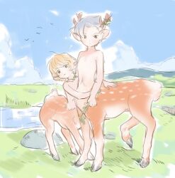 Rule 34 | 2boys, aged down, animal ear fluff, animal ears, antlers, blonde hair, blue hair, blue sky, brothers, brown eyes, brown fur, centauroid, child, clive rosfield, closed mouth, cloud, deer boy, deer ears, deer tail, field, final fantasy, final fantasy xiv, full body, grass, highres, holding, holding plant, hooves, horns, hug, joshua rosfield, looking at viewer, male focus, monster boy, monsterification, mountainous horizon, multiple boys, outdoors, plant, rock, short hair, siblings, simple bird, sky, standing, tail, taur, very short hair, yoshikawa 5sai