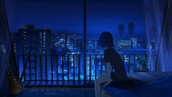 Rule 34 | 1girl, artist name, bed, blue hair, cityscape, commentary request, facing away, feet out of frame, guitar, highres, indoors, instrument, night, night sky, original, plant, potted plant, sabaumako, scenery, short hair, short sleeves, sitting, sky, solo, star (symbol)