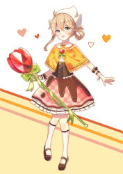 Rule 34 | 1girl, :d, black footwear, blush, bow, brown hair, capelet, commentary request, frilled skirt, frills, full body, green bow, green eyes, green ribbon, hair between eyes, hair rings, heart, highres, holding, kneehighs, long hair, looking at viewer, open mouth, orange capelet, original, pink skirt, ribbon, shoes, skirt, smile, socks, solo, uni sirasu, white background, white socks