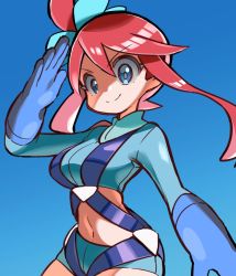 Rule 34 | 1girl, blue eyes, blue gloves, blue shorts, breasts, closed mouth, commentary request, creatures (company), crop top, eyelashes, floating hair, game freak, gloves, gym leader, hair between eyes, hair ornament, highres, hyou (hyouga617), navel, nintendo, pink hair, pokemon, pokemon bw, salute, short shorts, shorts, sidelocks, skyla (pokemon), smile, solo