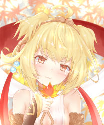 Rule 34 | 1girl, :3, ahoge, andira (granblue fantasy), animal ears, bare shoulders, blonde hair, blurry, blurry background, blush, breasts, closed mouth, detached sleeves, erune, granblue fantasy, hairband, highres, holding, holding leaf, kimblee, leaf, looking at viewer, monkey ears, red eyes, red ribbon, ribbon, short hair, small breasts, smile, solo, two side up